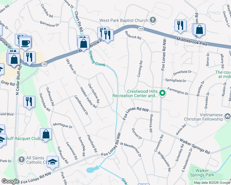 map of restaurants, bars, coffee shops, grocery stores, and more near 824 Sky Blue Drive in Knoxville