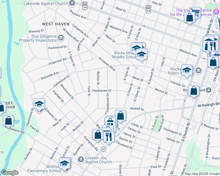 map of restaurants, bars, coffee shops, grocery stores, and more near 744 Cedarbrook Drive in Rocky Mount