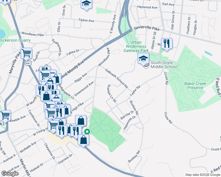 map of restaurants, bars, coffee shops, grocery stores, and more near 4328 Scarlett Lane Southeast in Knoxville