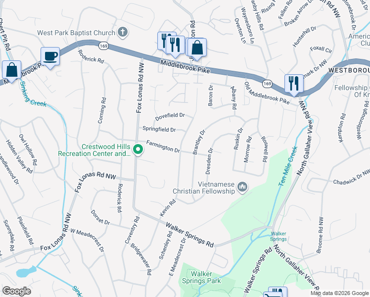 map of restaurants, bars, coffee shops, grocery stores, and more near 1004 Kevin Road in Knoxville
