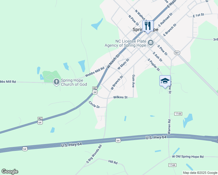 map of restaurants, bars, coffee shops, grocery stores, and more near 113 Warren Street in Spring Hope