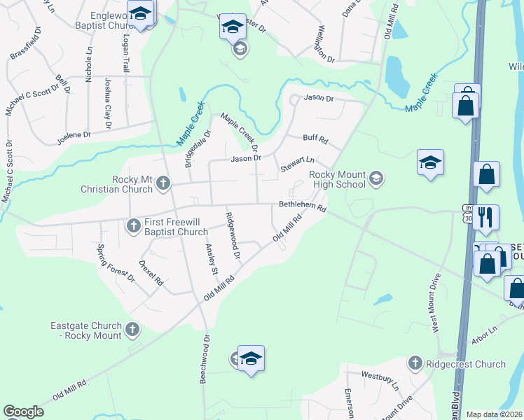 map of restaurants, bars, coffee shops, grocery stores, and more near 1529 Bethlehem Road in Rocky Mount