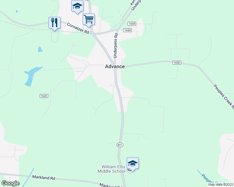map of restaurants, bars, coffee shops, grocery stores, and more near 2088 North Carolina 801 in Advance