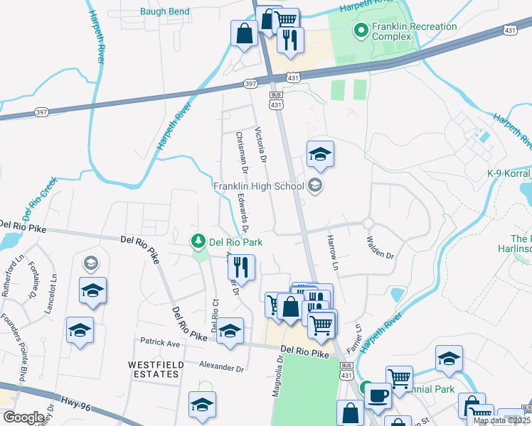 map of restaurants, bars, coffee shops, grocery stores, and more near 1502 Granville Road in Franklin