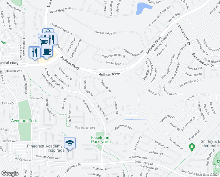 map of restaurants, bars, coffee shops, grocery stores, and more near 2424 Tyneside Street in Henderson