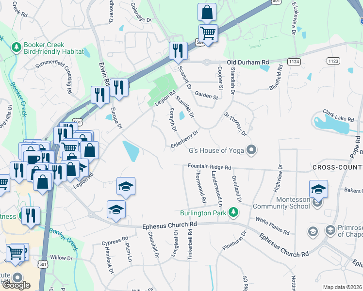 map of restaurants, bars, coffee shops, grocery stores, and more near 201 Elderberry Drive in Chapel Hill