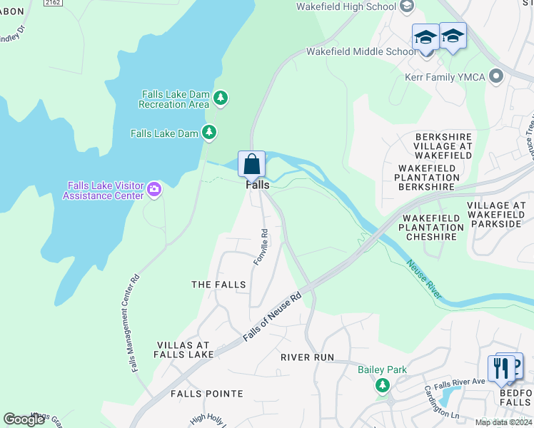 map of restaurants, bars, coffee shops, grocery stores, and more near 9716 Fonville Road in Wake Forest
