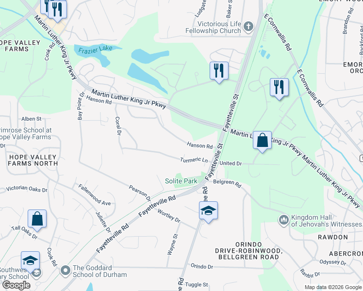 map of restaurants, bars, coffee shops, grocery stores, and more near 816 Hanson Road in Durham