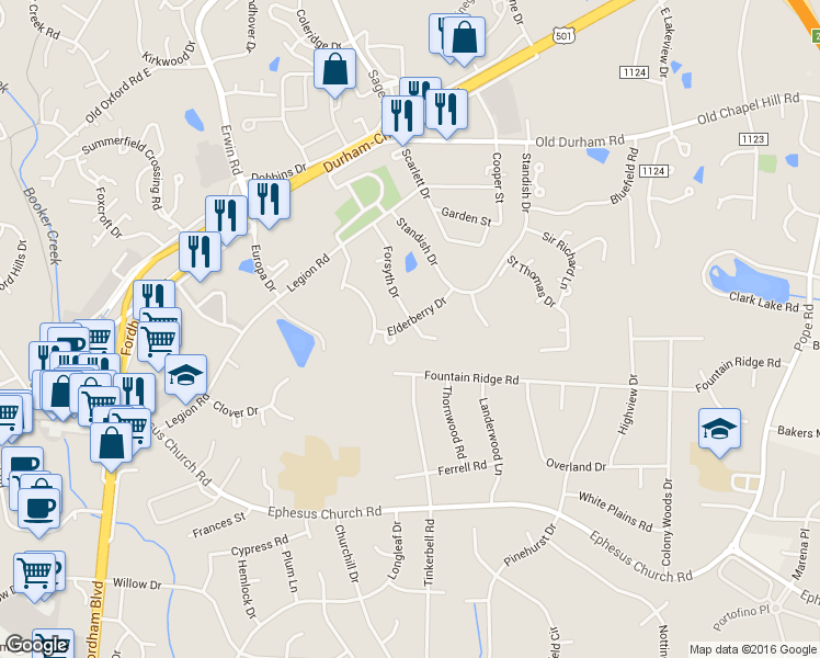 map of restaurants, bars, coffee shops, grocery stores, and more near 201 Elderberry Drive in Chapel Hill