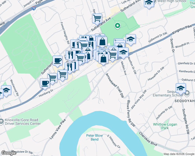 map of restaurants, bars, coffee shops, grocery stores, and more near 4719 Lyons View Pike in Knoxville