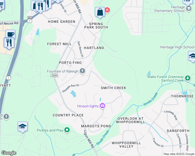map of restaurants, bars, coffee shops, grocery stores, and more near 9617 White Carriage Drive in Wake Forest