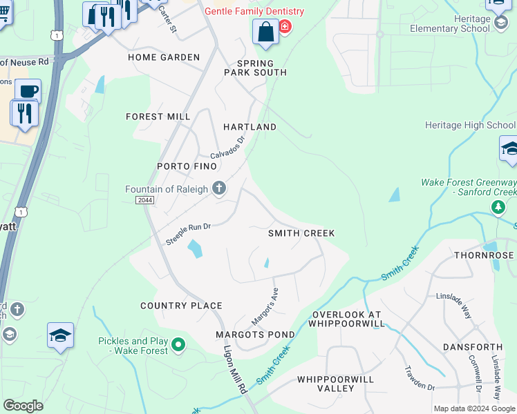 map of restaurants, bars, coffee shops, grocery stores, and more near 9617 White Carriage Drive in Wake Forest