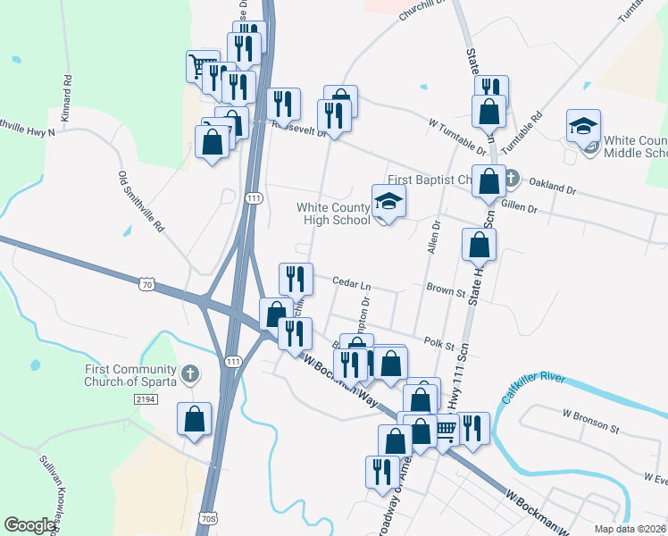 map of restaurants, bars, coffee shops, grocery stores, and more near 620 Cedar Lane in Sparta