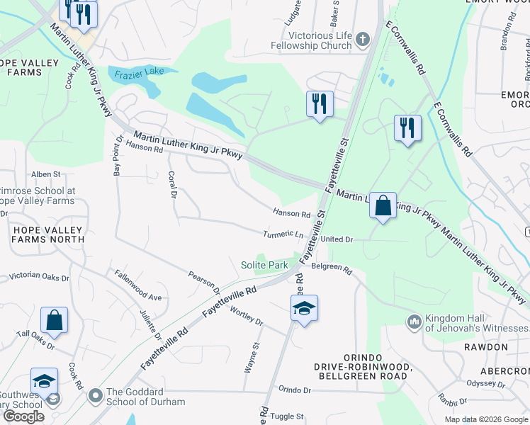 map of restaurants, bars, coffee shops, grocery stores, and more near 816 Hanson Road in Durham
