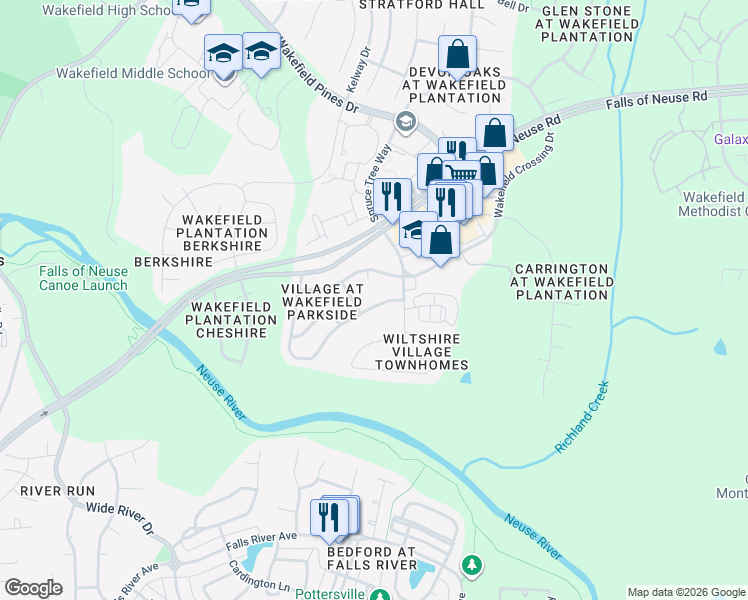 map of restaurants, bars, coffee shops, grocery stores, and more near 2509 Spruce Shadows Lane in Raleigh