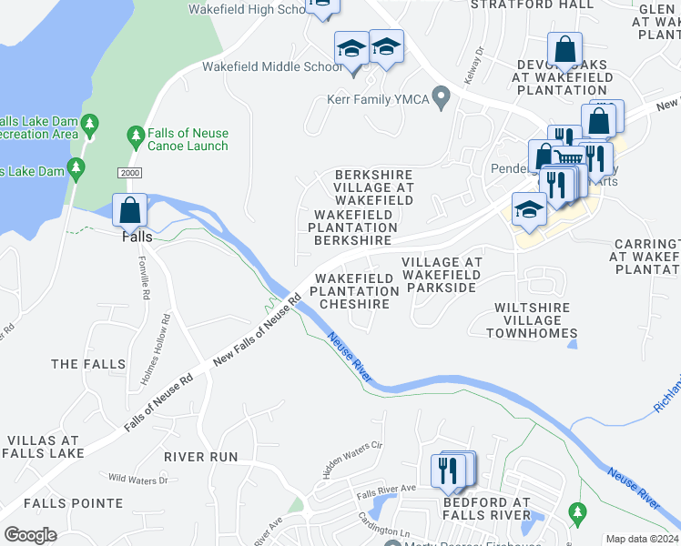 map of restaurants, bars, coffee shops, grocery stores, and more near 12617 Waterlow Park Lane in Raleigh