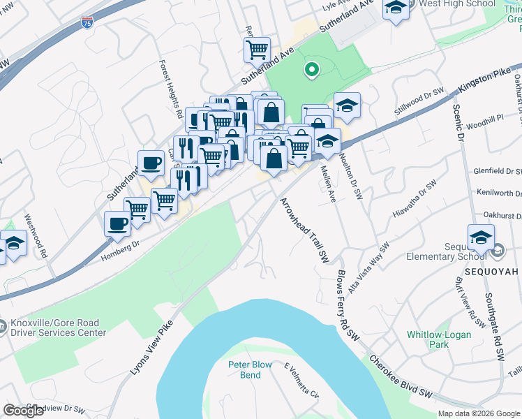 map of restaurants, bars, coffee shops, grocery stores, and more near 4801 Lyons View Pike in Knoxville