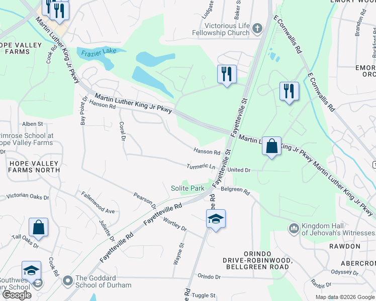 map of restaurants, bars, coffee shops, grocery stores, and more near 816 Hanson Road in Durham