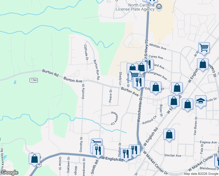 map of restaurants, bars, coffee shops, grocery stores, and more near 1007 Burton Avenue in High Point
