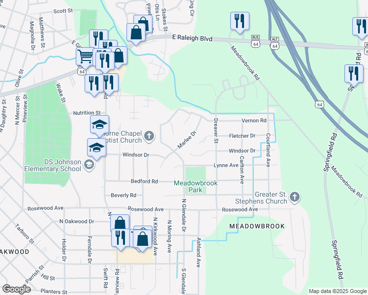 map of restaurants, bars, coffee shops, grocery stores, and more near 709 Marlee Drive in Rocky Mount
