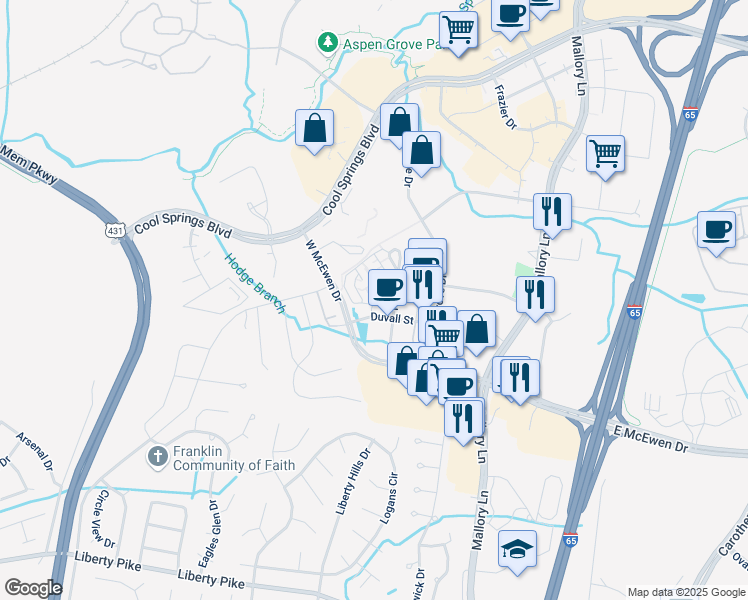 map of restaurants, bars, coffee shops, grocery stores, and more near 530 Reliance Drive in Franklin
