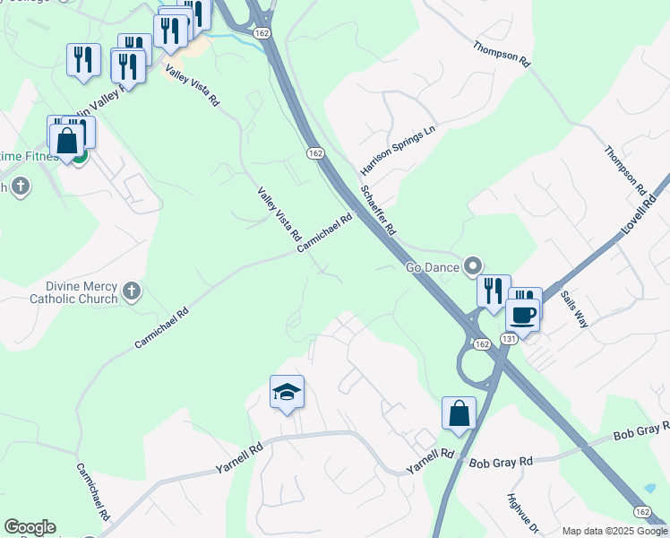 map of restaurants, bars, coffee shops, grocery stores, and more near 10800 Carmichael Road in Knoxville