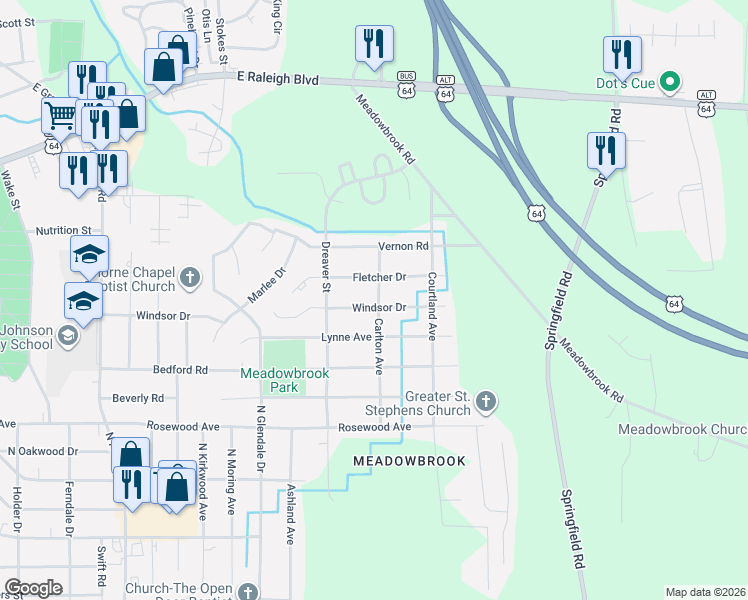 map of restaurants, bars, coffee shops, grocery stores, and more near 1820 Windsor Drive in Rocky Mount