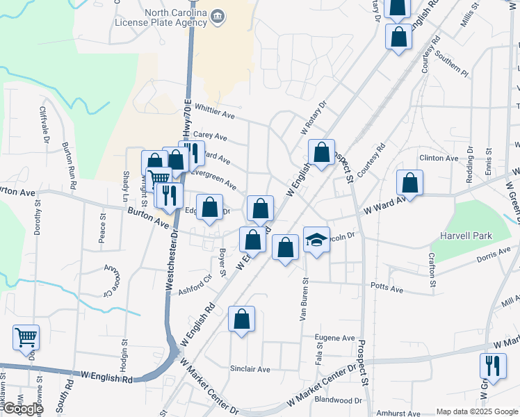 map of restaurants, bars, coffee shops, grocery stores, and more near 2218 Ridgecrest Drive in High Point