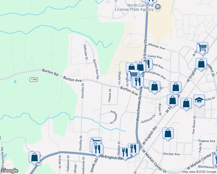 map of restaurants, bars, coffee shops, grocery stores, and more near 1007 Burton Avenue in High Point