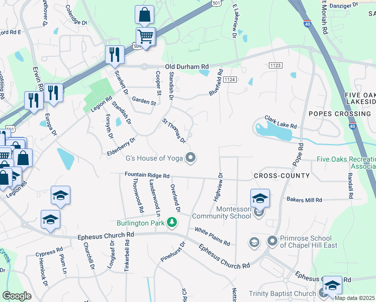 map of restaurants, bars, coffee shops, grocery stores, and more near 208 Saint Thomas Drive in Chapel Hill