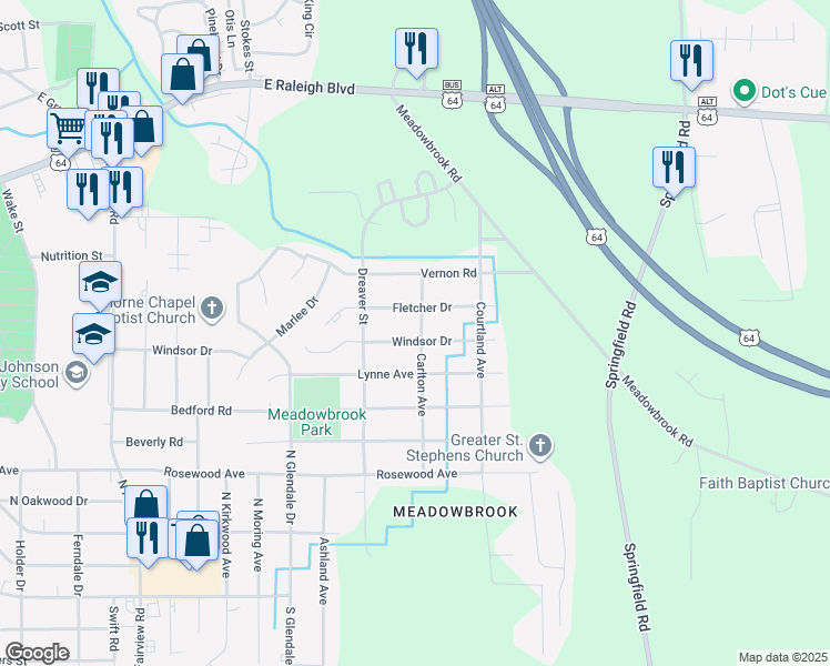 map of restaurants, bars, coffee shops, grocery stores, and more near 1820 Windsor Drive in Rocky Mount