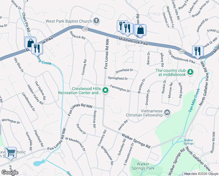 map of restaurants, bars, coffee shops, grocery stores, and more near 8726 Farmington Drive in Knoxville