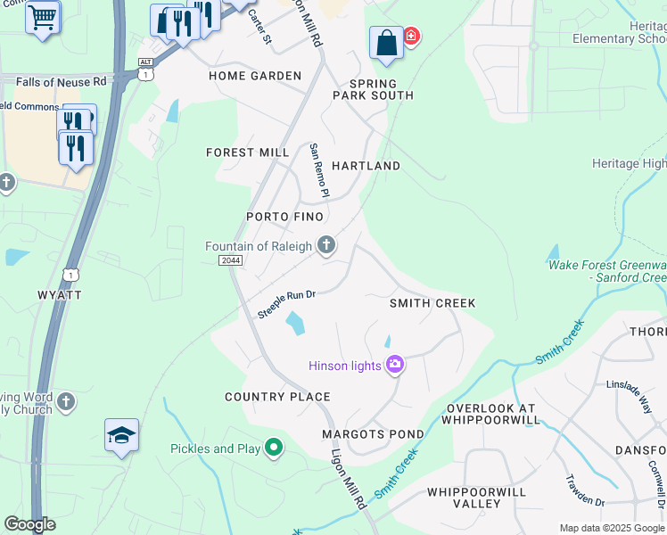 map of restaurants, bars, coffee shops, grocery stores, and more near 9605 Stable Point Circle in Wake Forest