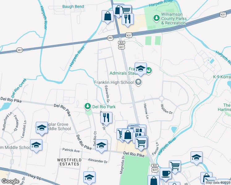 map of restaurants, bars, coffee shops, grocery stores, and more near 1705 Granville Road in Franklin