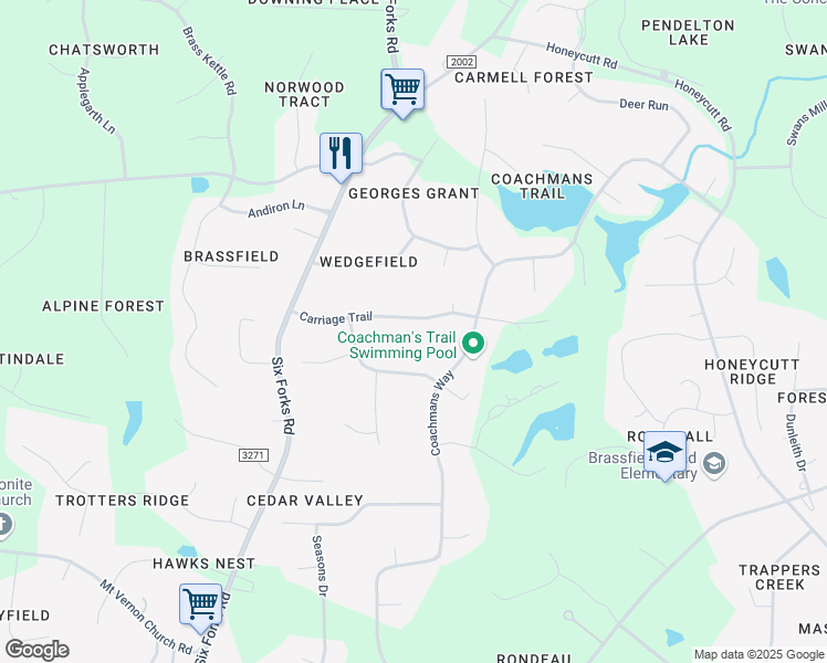map of restaurants, bars, coffee shops, grocery stores, and more near 216 Carriage Trail in Raleigh
