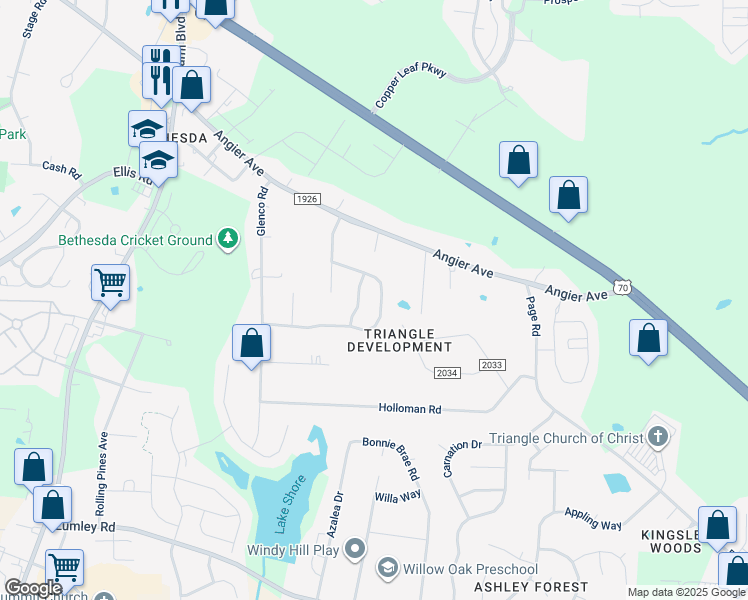 map of restaurants, bars, coffee shops, grocery stores, and more near 4525 Cottendale Drive in Durham