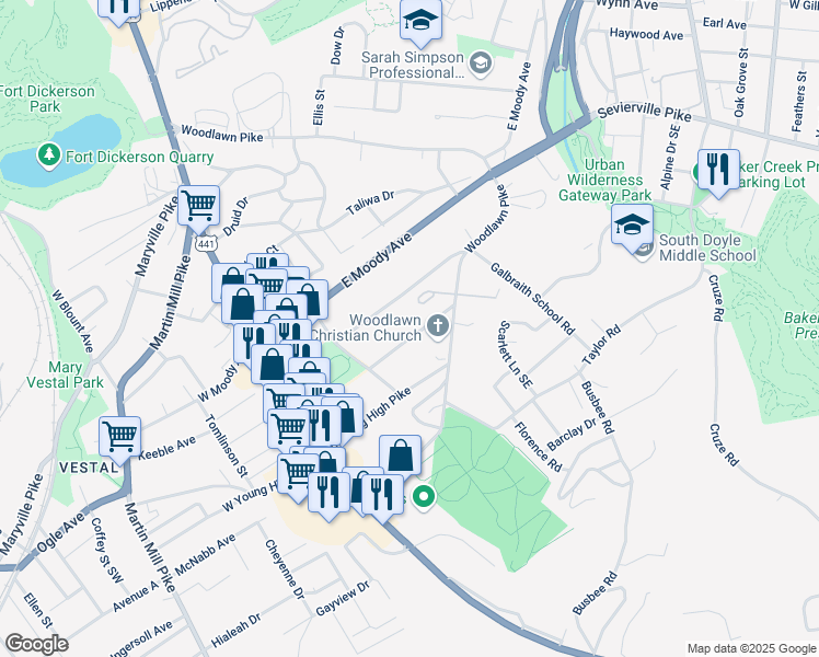 map of restaurants, bars, coffee shops, grocery stores, and more near 313 Greenwood Avenue in Knoxville