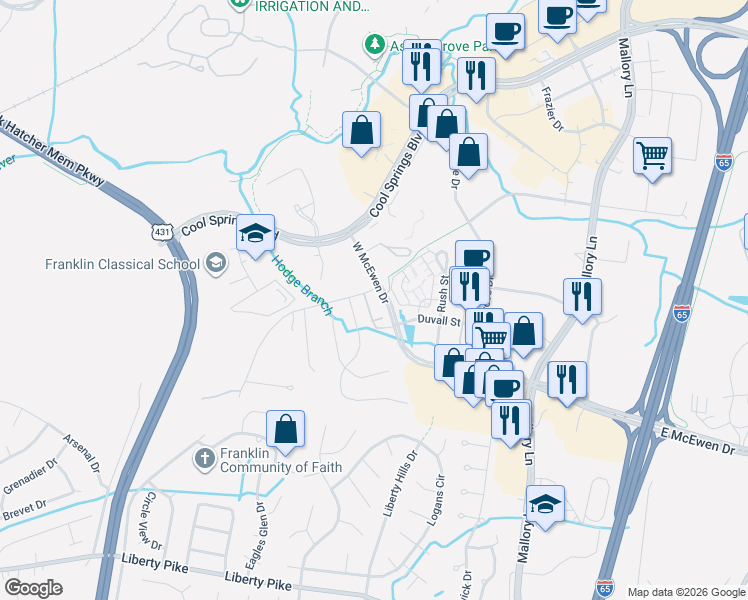 map of restaurants, bars, coffee shops, grocery stores, and more near 123 Grant Park Drive in Franklin