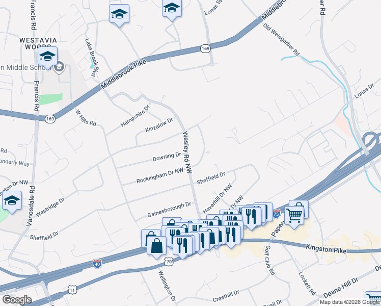 map of restaurants, bars, coffee shops, grocery stores, and more near 512 Wesley Road Northwest in Knoxville