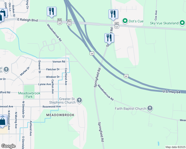 map of restaurants, bars, coffee shops, grocery stores, and more near 2076 Meadowbrook Road in Rocky Mount