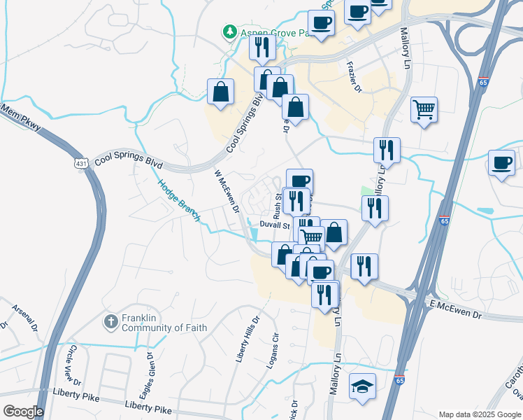 map of restaurants, bars, coffee shops, grocery stores, and more near 612 Reliance Drive in Franklin