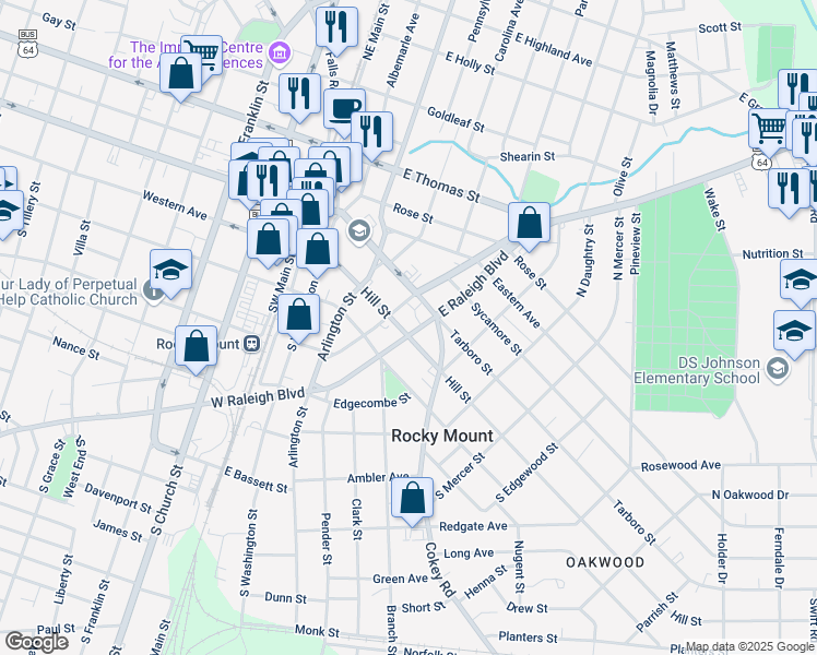 map of restaurants, bars, coffee shops, grocery stores, and more near 416 Hill Street in Rocky Mount
