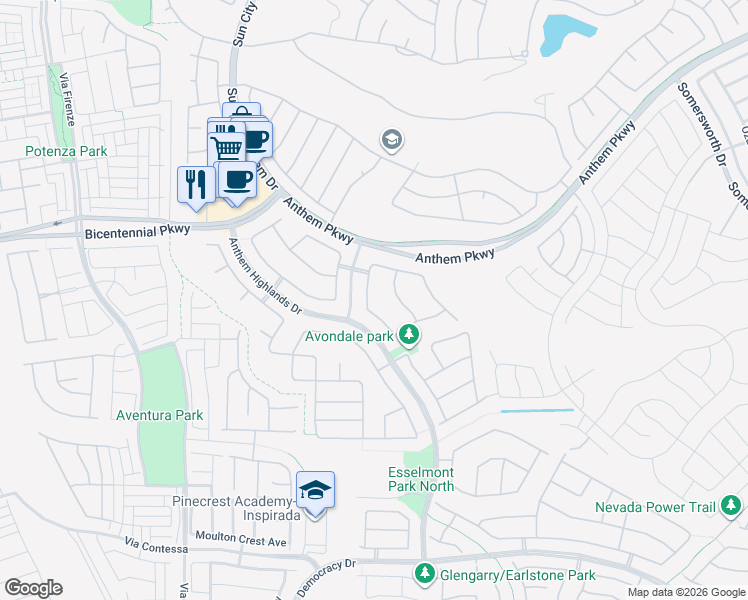 map of restaurants, bars, coffee shops, grocery stores, and more near 2400 Antrim Irish Drive in Henderson