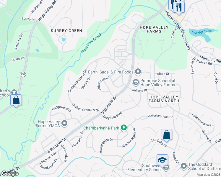 map of restaurants, bars, coffee shops, grocery stores, and more near 5015 Linden Oaks Avenue in Durham