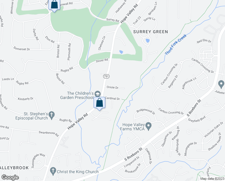 map of restaurants, bars, coffee shops, grocery stores, and more near 2327 Oriole Drive in Durham