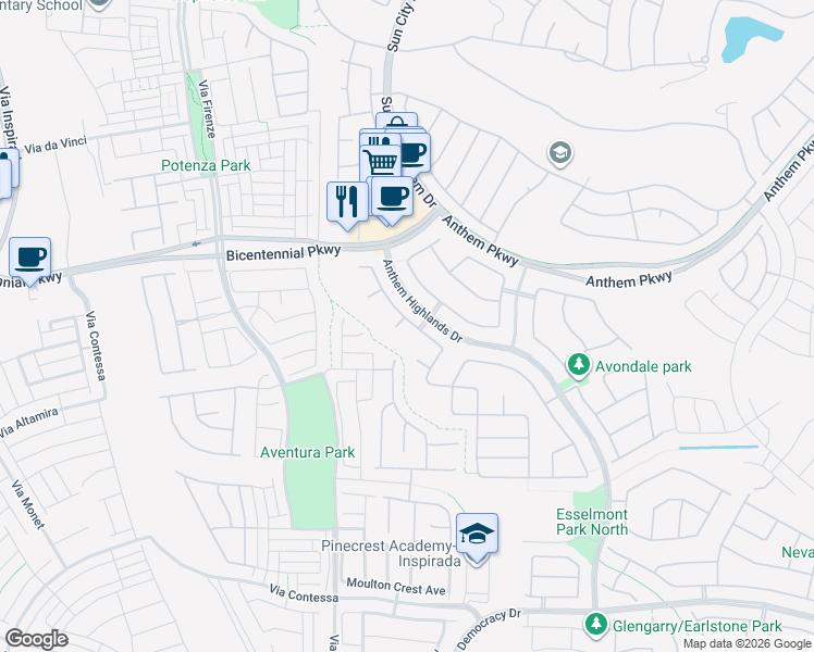 map of restaurants, bars, coffee shops, grocery stores, and more near 2402 Blairlogie Court in Henderson