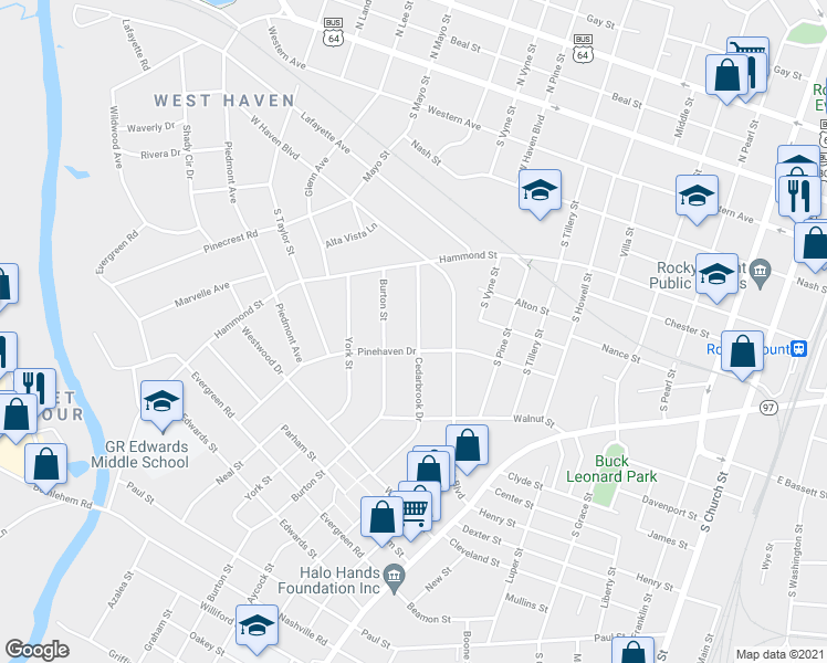 map of restaurants, bars, coffee shops, grocery stores, and more near 744 Cedarbrook Drive in Rocky Mount