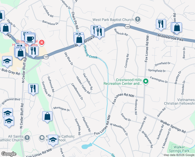 map of restaurants, bars, coffee shops, grocery stores, and more near 820 Crest Forest Road in Knoxville