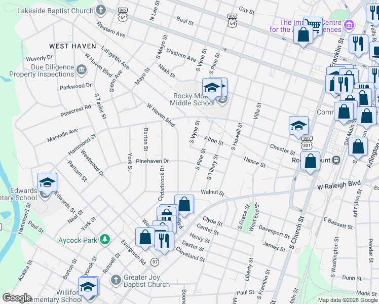 map of restaurants, bars, coffee shops, grocery stores, and more near 919 O Berry Street in Rocky Mount