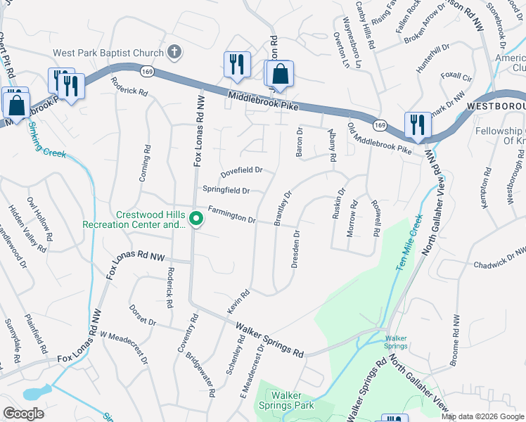 map of restaurants, bars, coffee shops, grocery stores, and more near 1004 Kevin Road in Knoxville